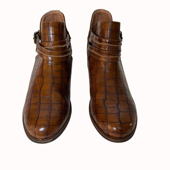 Mata Croc Embossed Ankle Boots Brown Size 8.5 Double Buckle Straps Western Style - Picture 3 of 15